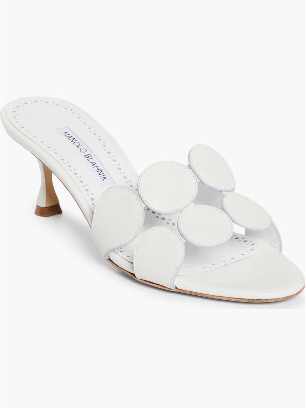Manolo Blahnik White Leather Circular Strap Mid-Heel Slide